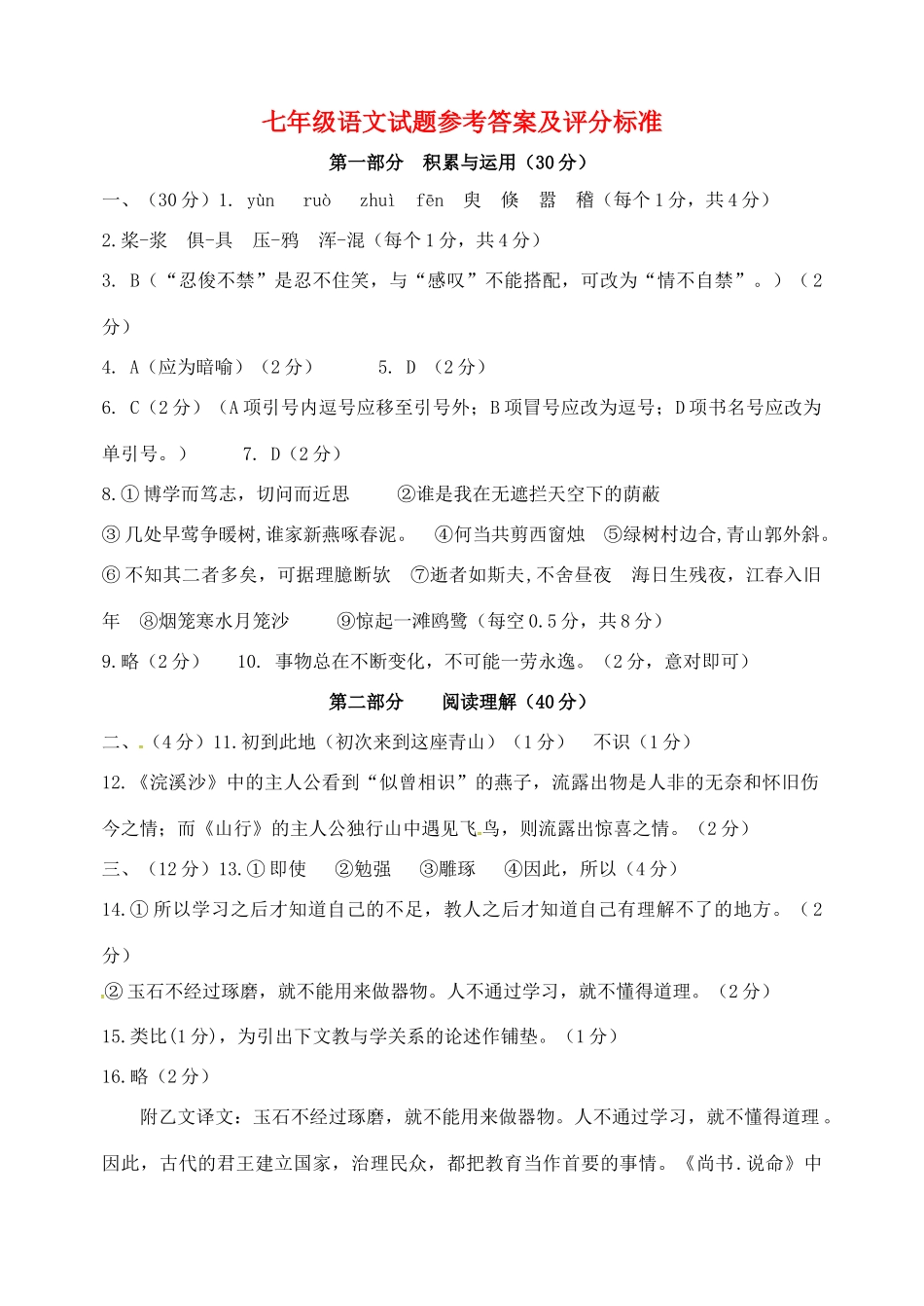 山东省寿光市七年级语文上学期期末自主检测试卷答案 苏教版 021933_第1页
