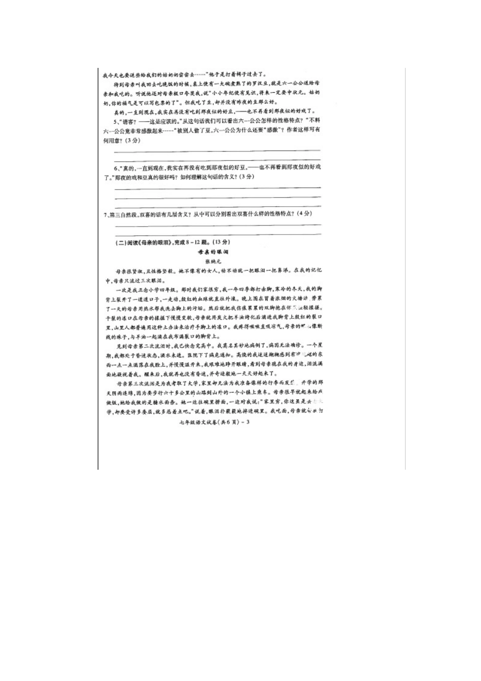 安徽省淮北市七年级语文下学期期末考试试卷试卷_第3页