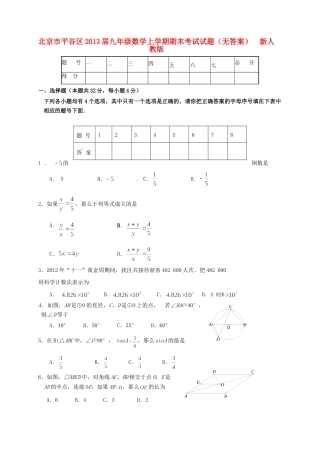 九年级数学上学期期末考试试卷  新人教版试卷