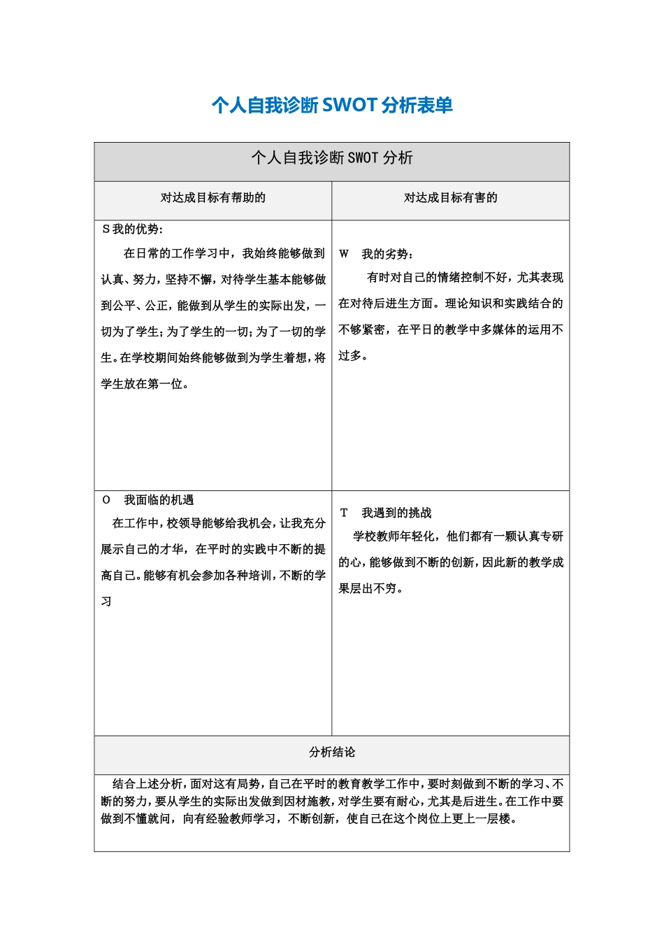 孙香艳的个人自我诊断SWOT分析表(1)_第1页