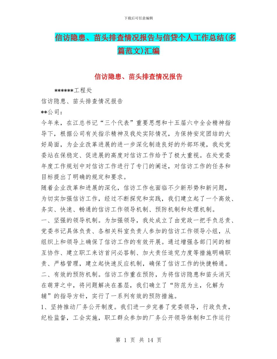 信访隐患、苗头排查情况报告与信贷个人工作总结汇编_第1页