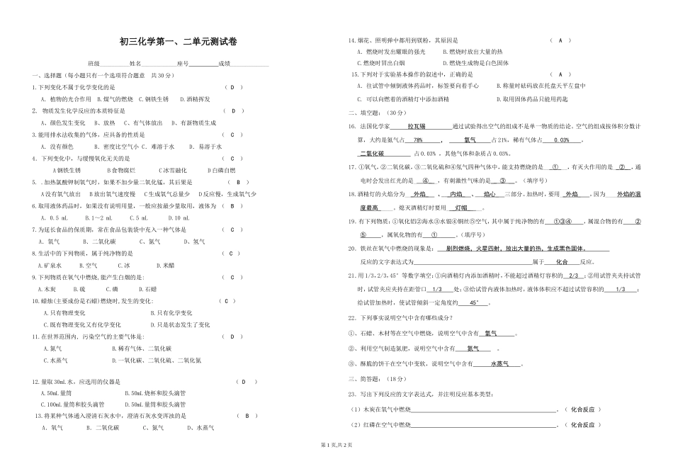 初三化学第一、二单元测试卷2013()(1)_第1页