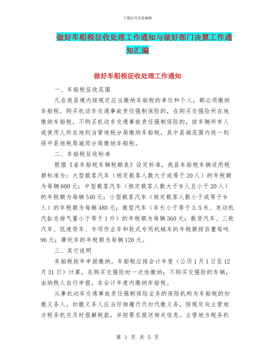 做好车船税征收处理工作通知与做好部门决算工作通知汇编_第1页
