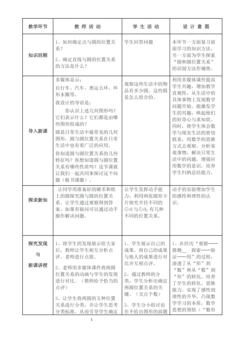 《实验与探究：圆和圆的位置关系》教学环节_第1页