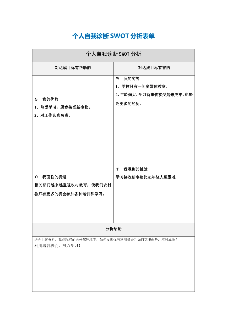 郑信梅个人自我诊断SWOT分析表_第1页