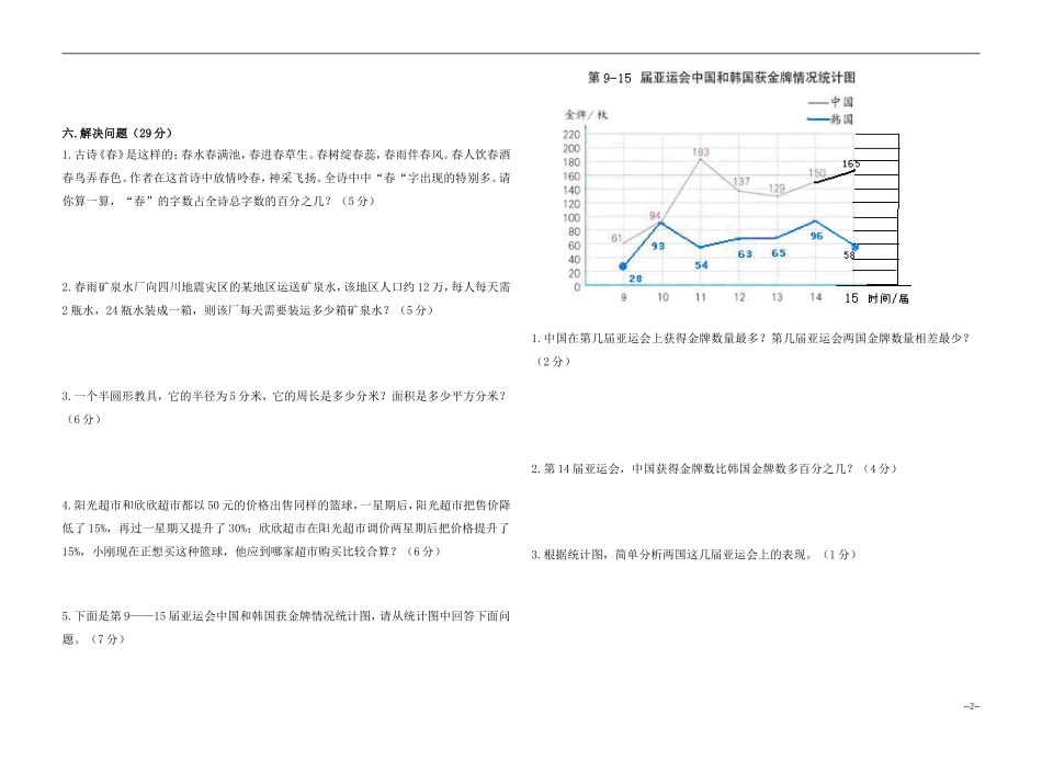 六年级上册数学期末试卷张翠萍_第2页