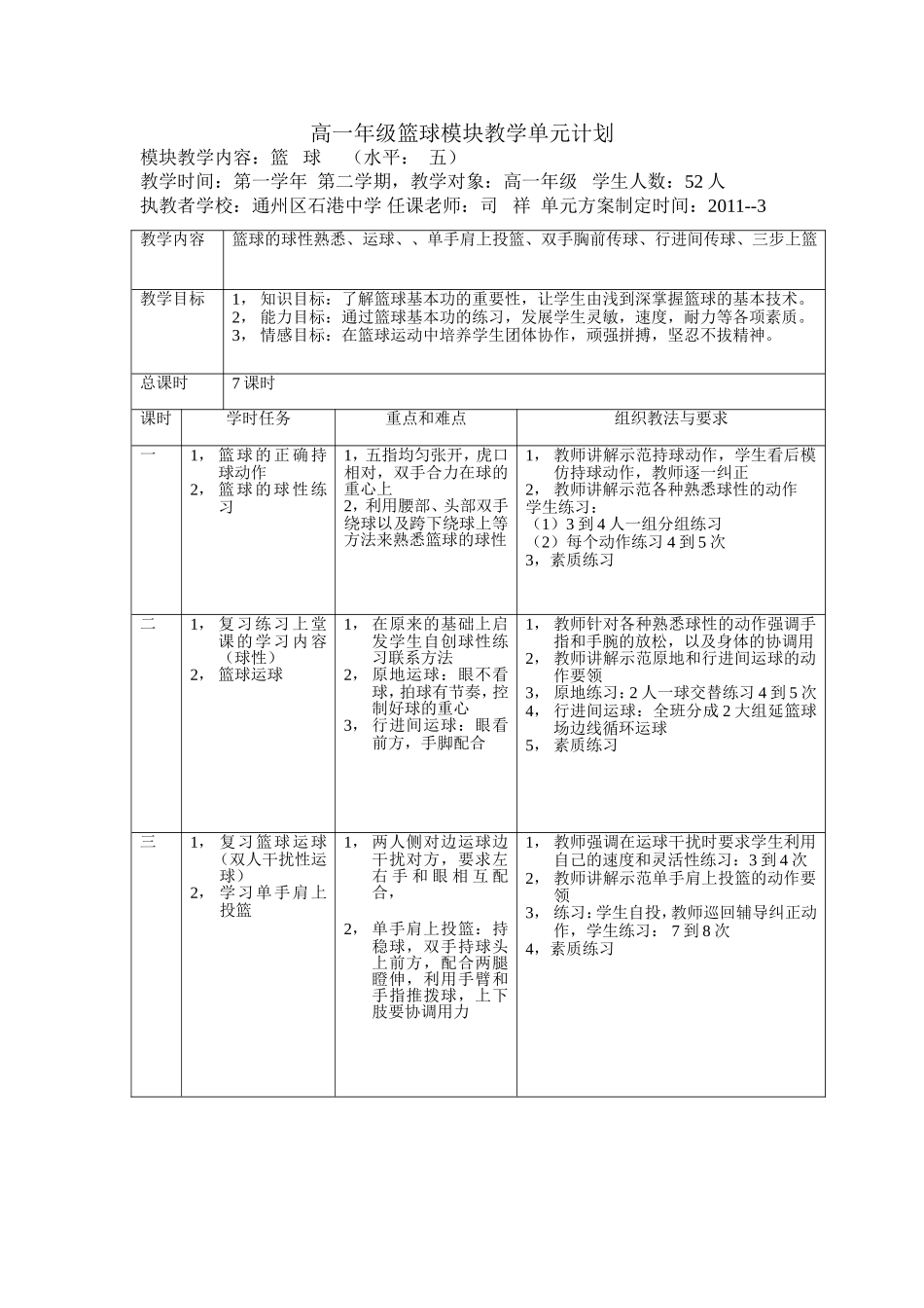 篮球模块教学单元计划_第1页