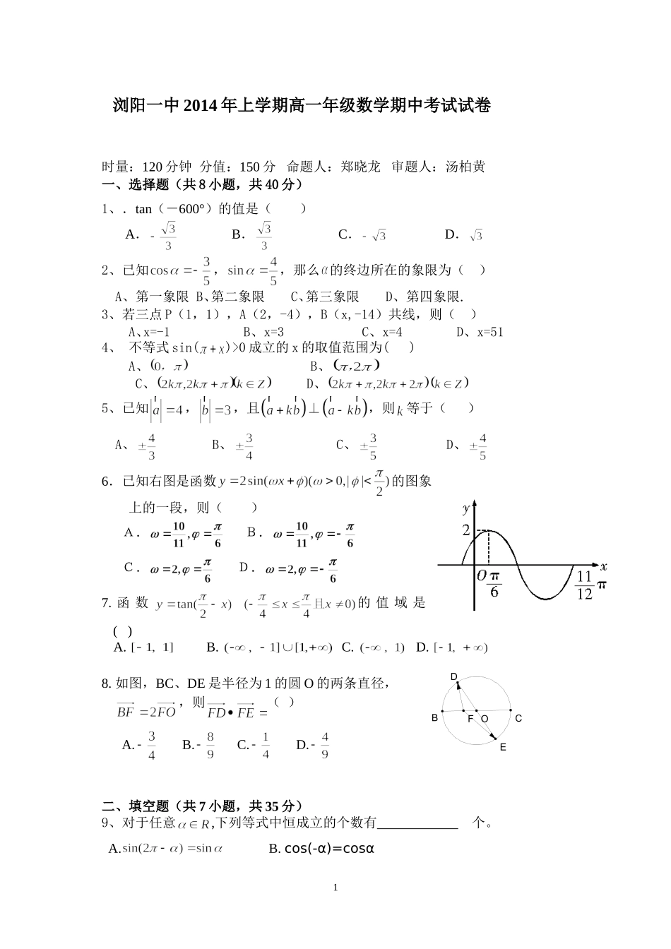 2014年上学期浏阳一中段考试题(数学)_第1页