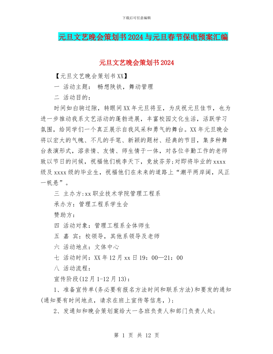 元旦文艺晚会策划书2024与元旦春节保电预案汇编_第1页