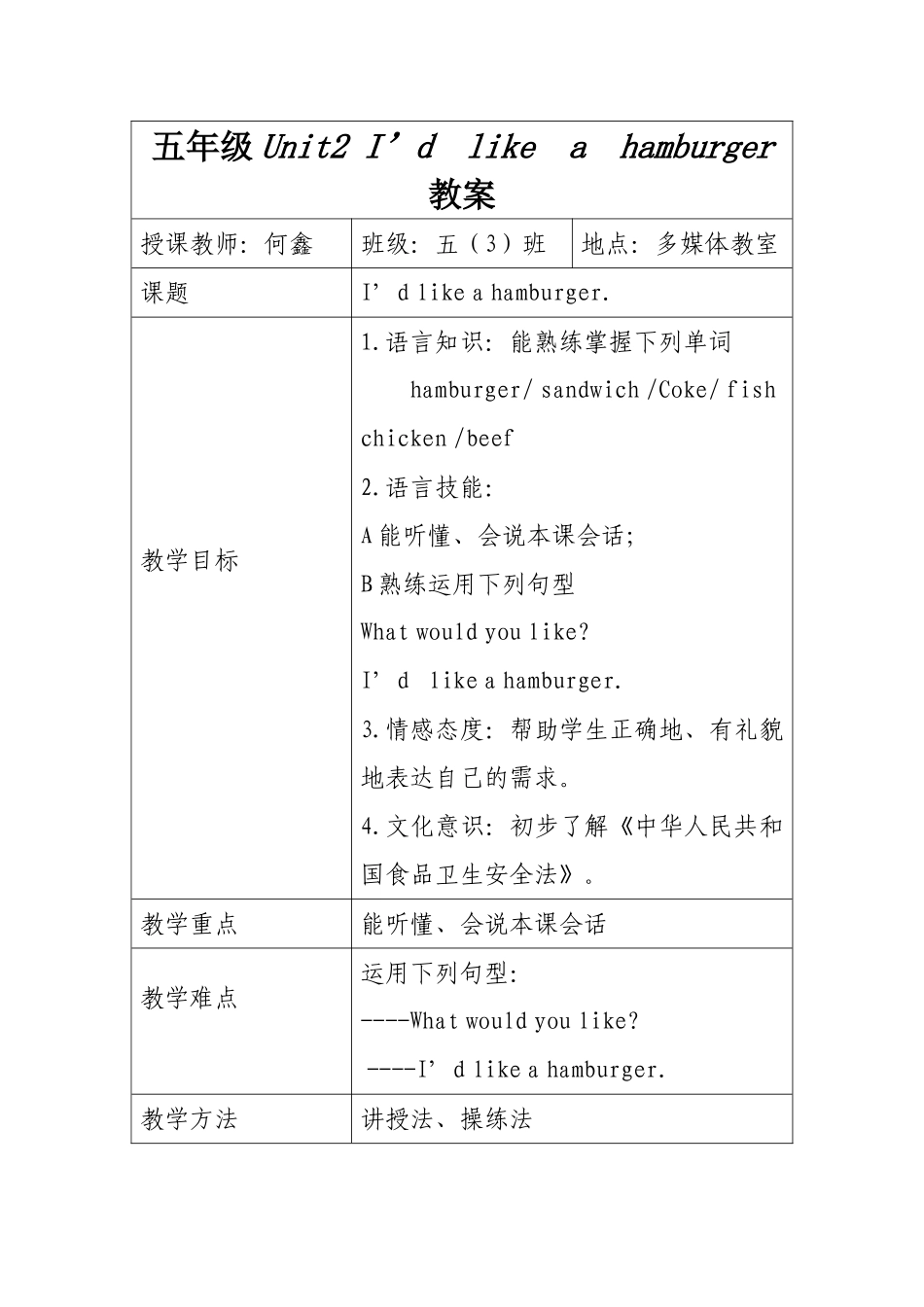 湘少版五年级Unit2I'dlikeahamburger教案_第1页