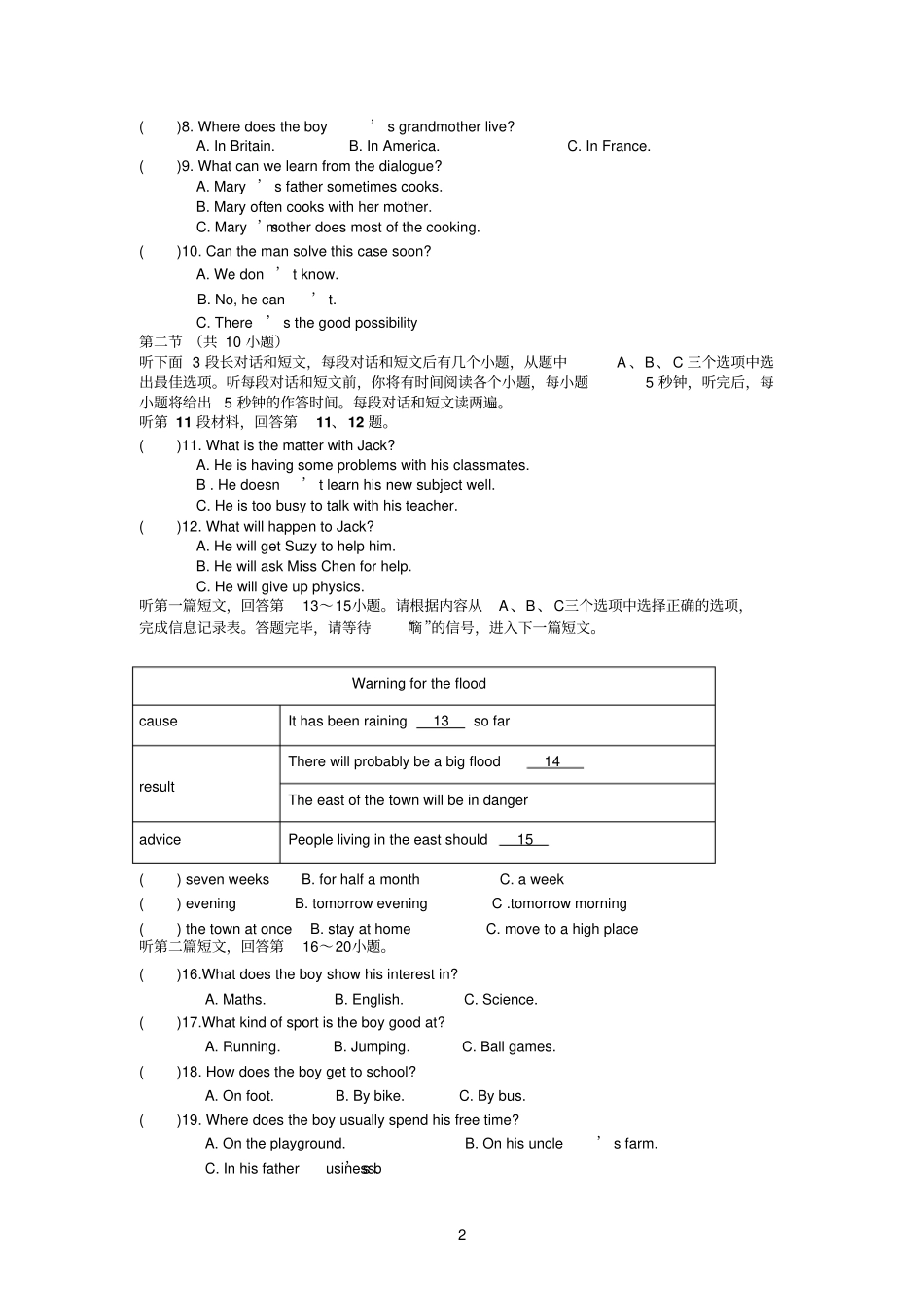 九年级英语期终考试卷2011_第2页