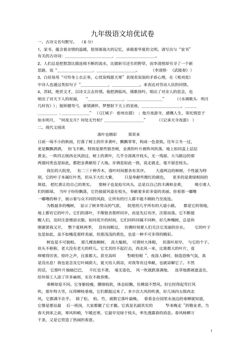 九年级语文培优_第1页