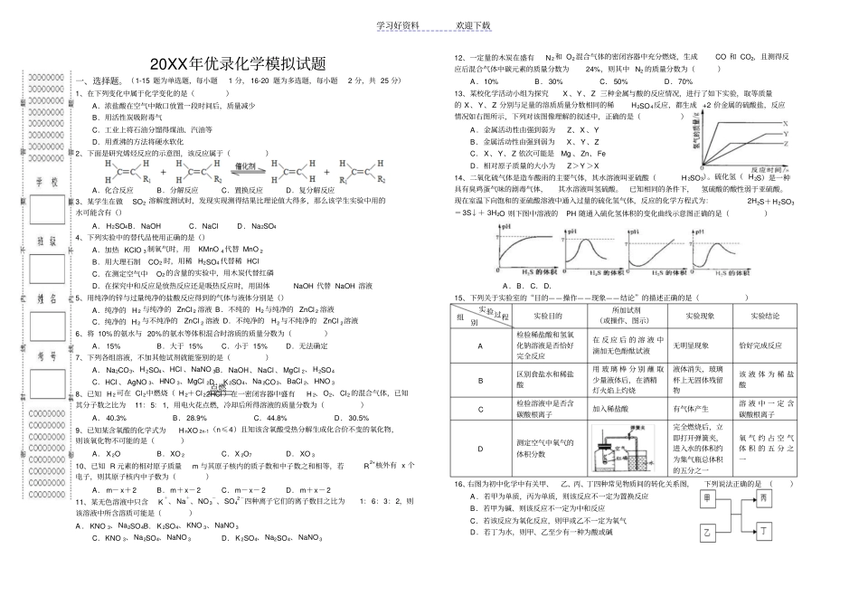 九年级重点中学提前招生化学模拟试题_第1页