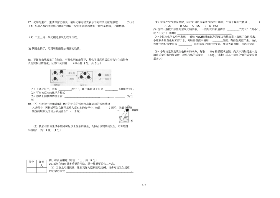 九级化学质量测试卷_第2页