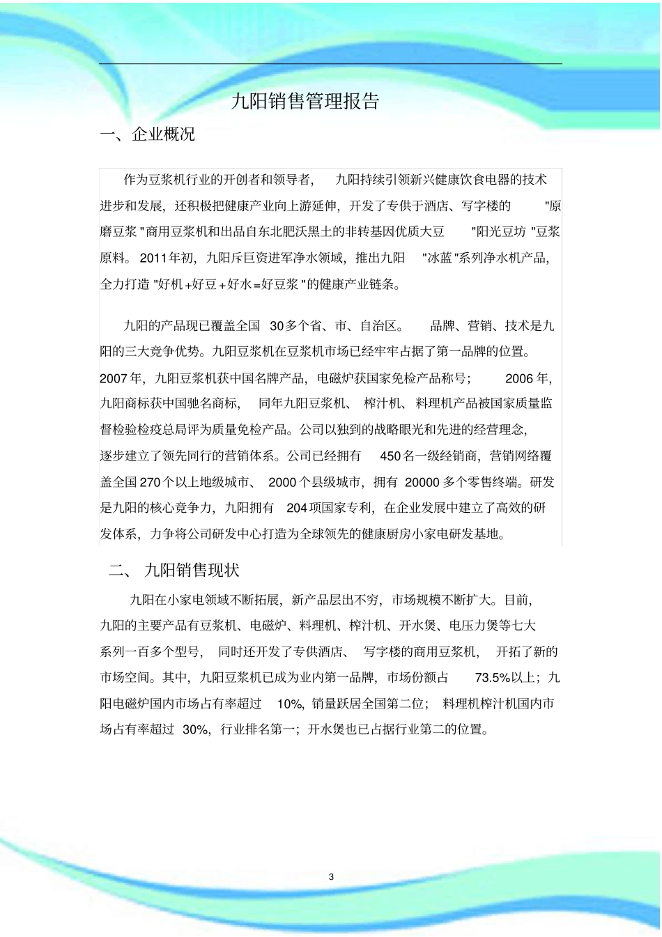 九阳小家电销售管理分析报告_第3页
