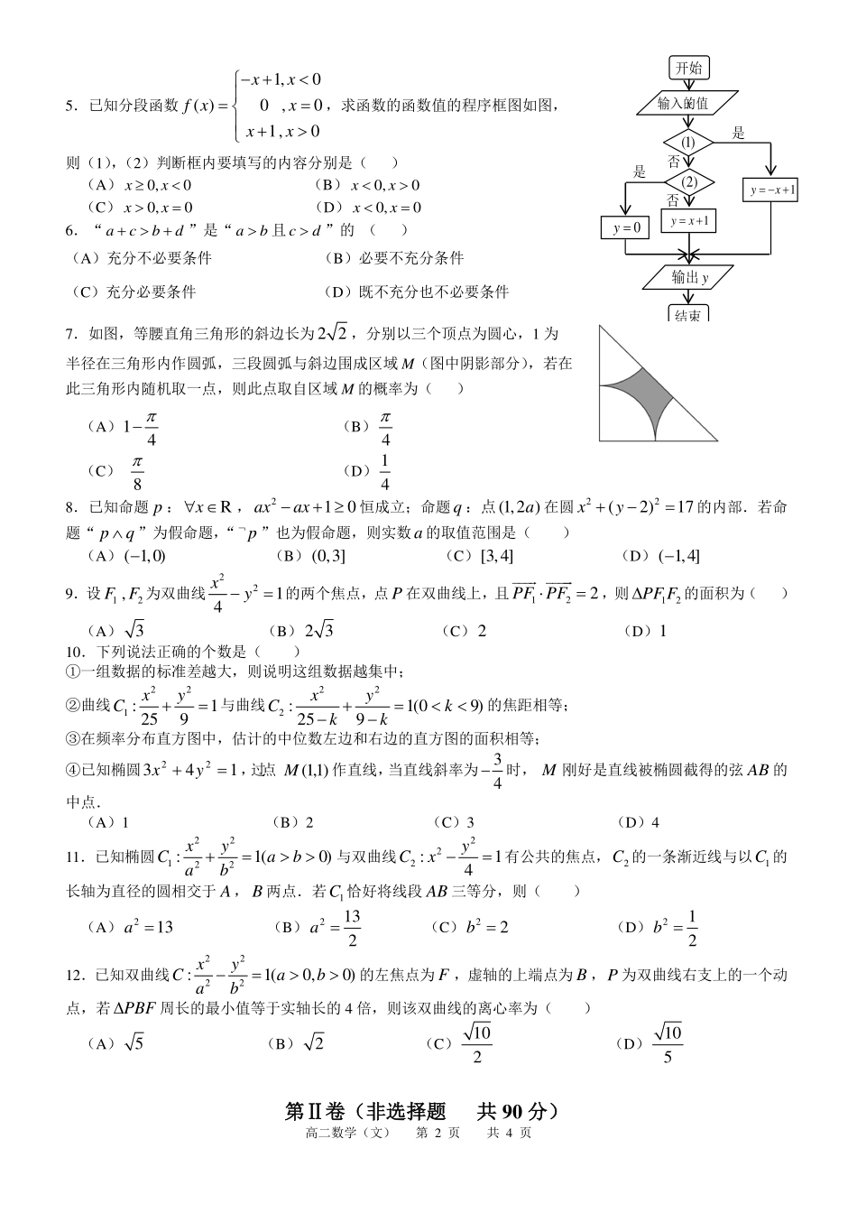 四川省攀枝花市高二文数上学期教学质量监测试卷(PDF) 四川省攀枝花市高二数学上学期教学质量监测试卷 文(PDF) 四川省攀枝花市高二数学上学期教学质量监测试卷 文(PDF)_第2页