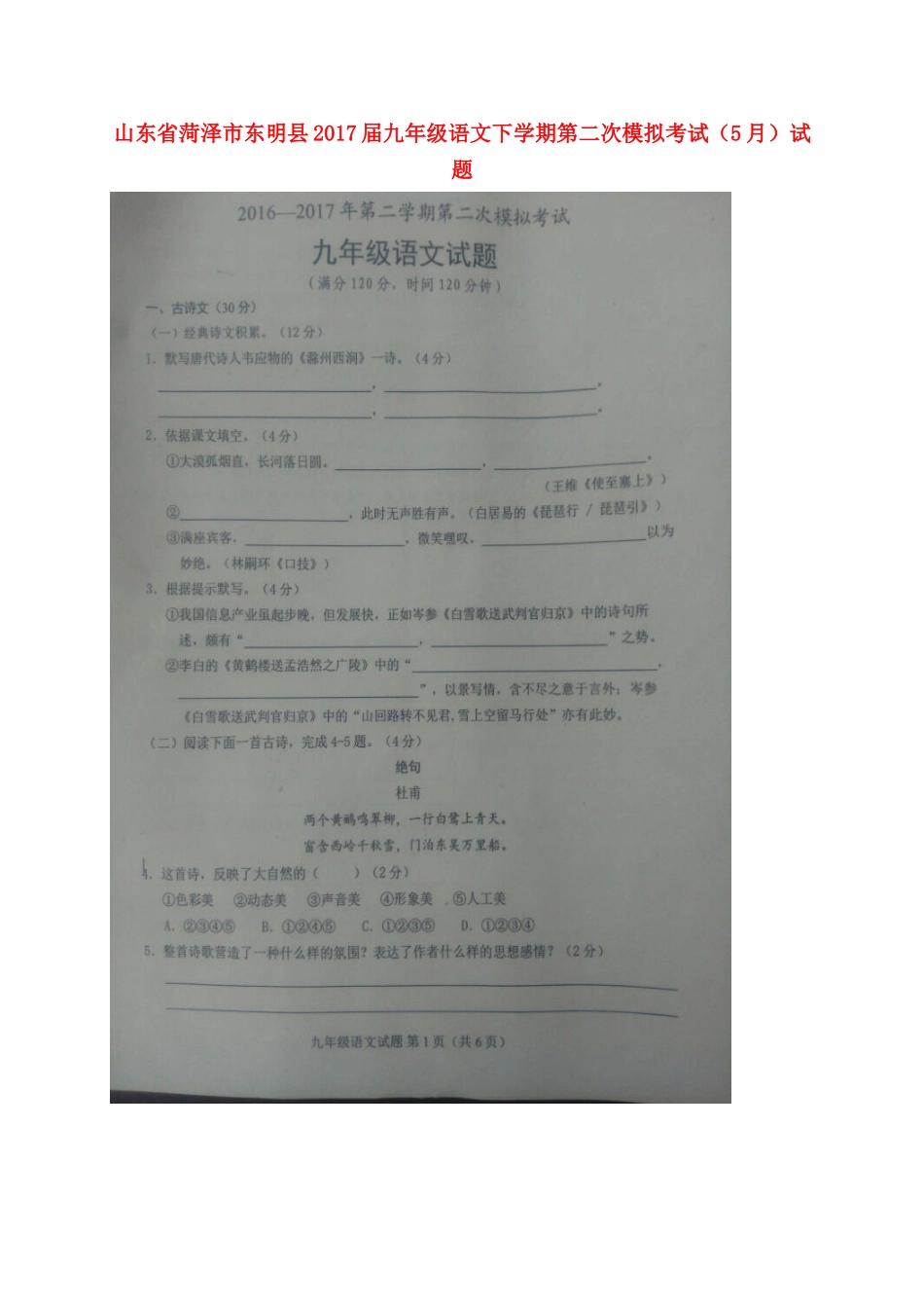 山东省菏泽市东明县九年级语文下学期第二次模拟考试(5月)试卷试卷_第1页
