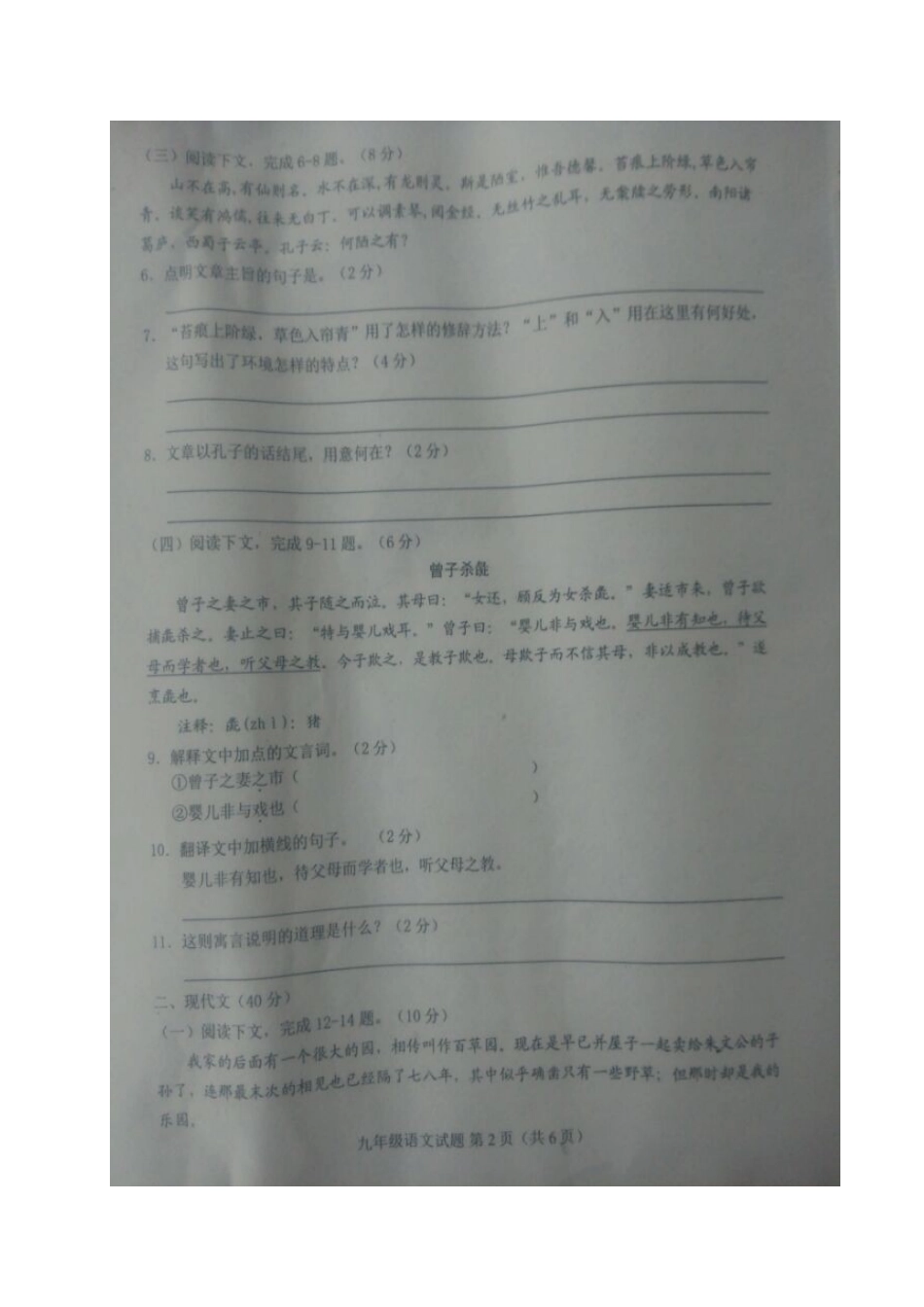 山东省菏泽市东明县九年级语文下学期第二次模拟考试(5月)试卷试卷_第2页