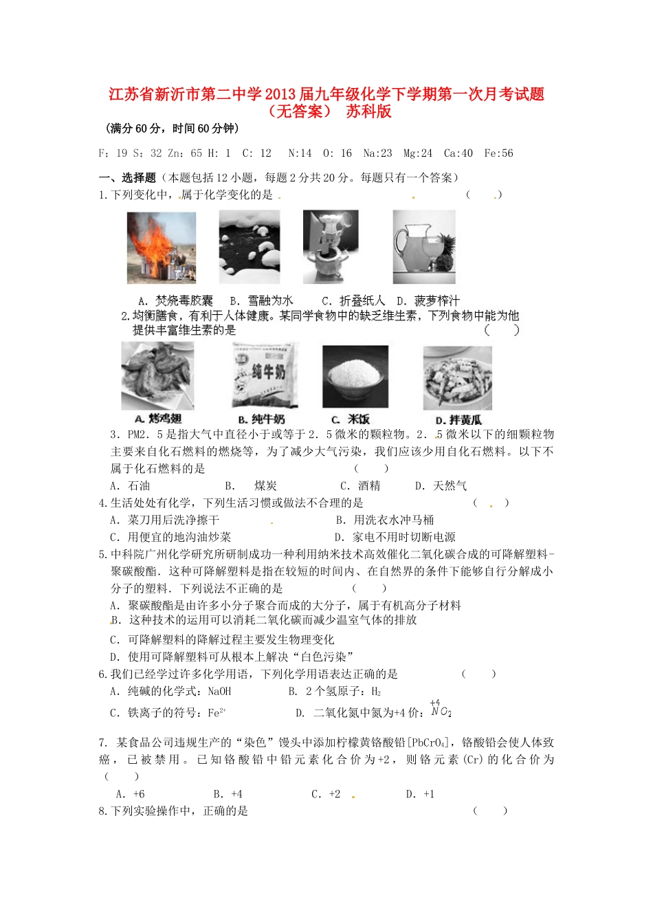 九年级化学下学期第一次月考试卷 苏科版试卷_第1页