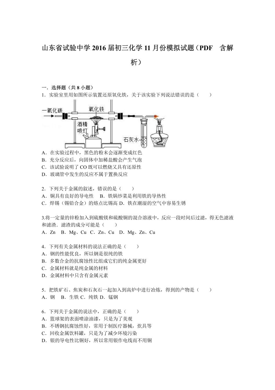 九年级化学11月模拟试卷(pdf，含解析) 鲁教版试卷_第1页