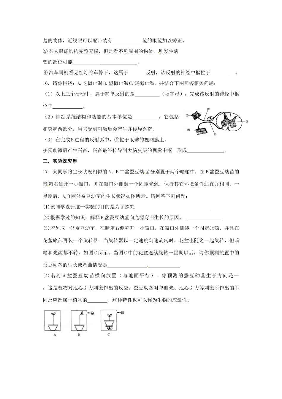 中考生物复习课外作业 主题Ⅲ 生命活动的调节试卷_第3页