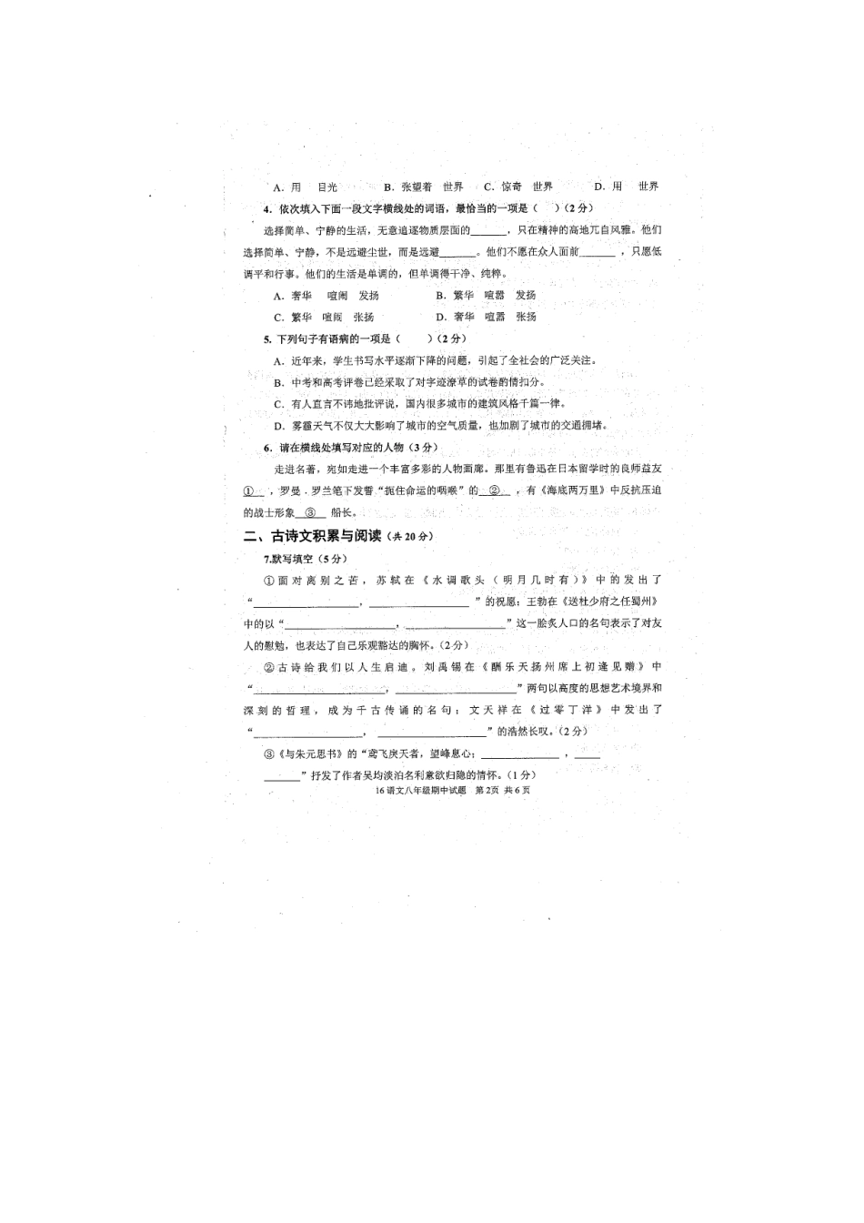 山东省济宁市金乡县 八年级语文下学期期中质量检测试卷新人教版试卷_第2页