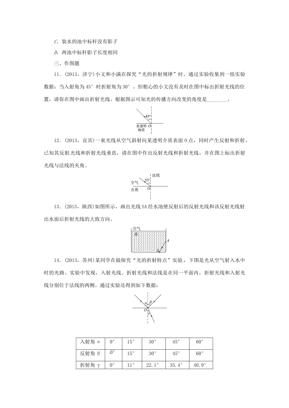 中考物理总复习 光的折射与色散专题考点训练(真题集锦) 新人教版试卷_第3页