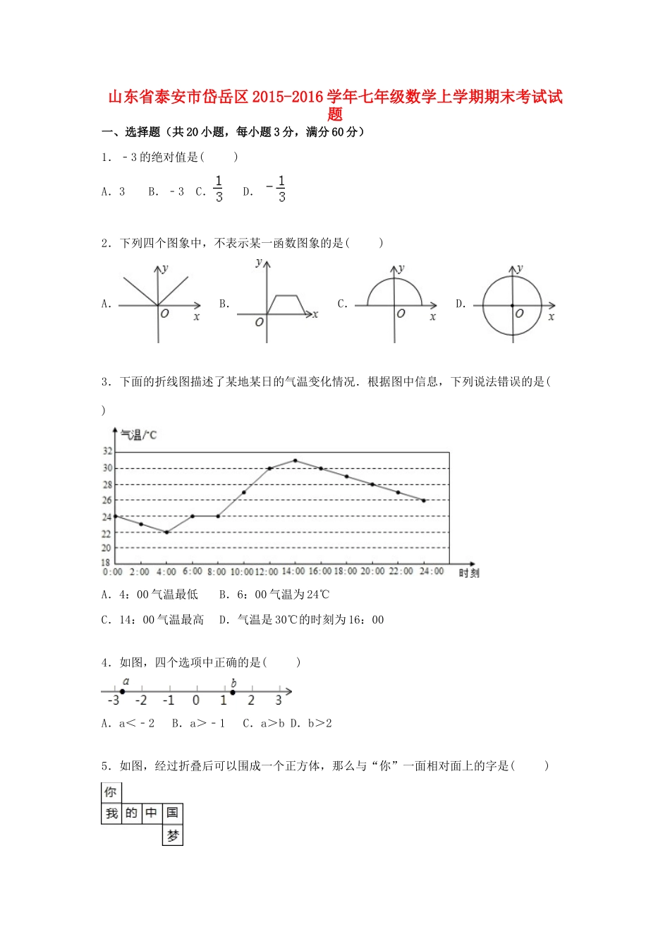 山东省泰安市岱岳区七年级数学上学期期末考试试卷 新人教版试卷_第1页