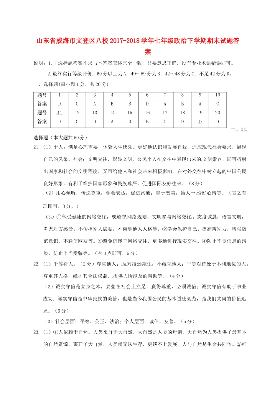 山东省威海市文登区八校七年级政治下学期期末试卷答案 新人教版五四制 山东省威海市文登区八校七年级政治下学期期末试卷(pdf) 新人教版五四制_第1页