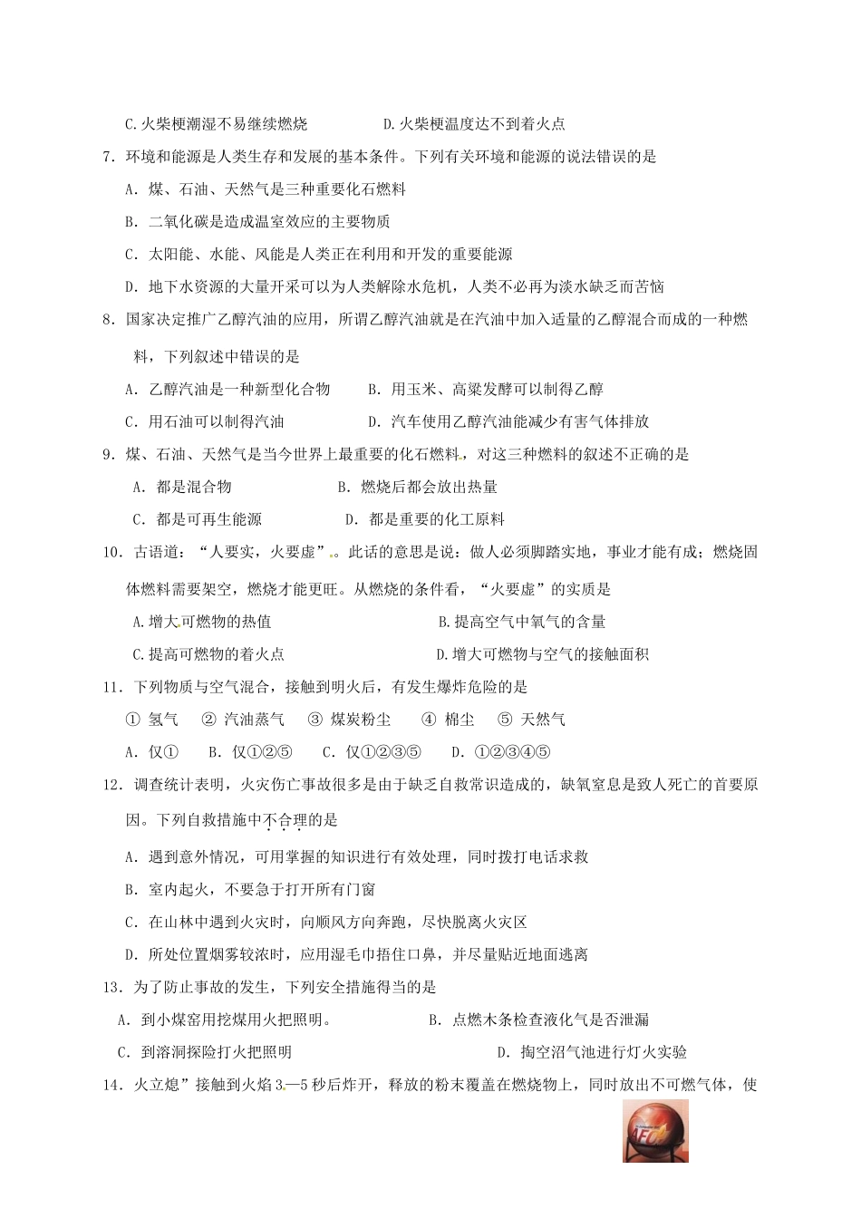 九年级化学上册 第七单元 燃料及其利用测试卷(新版)新人教版试卷_第2页
