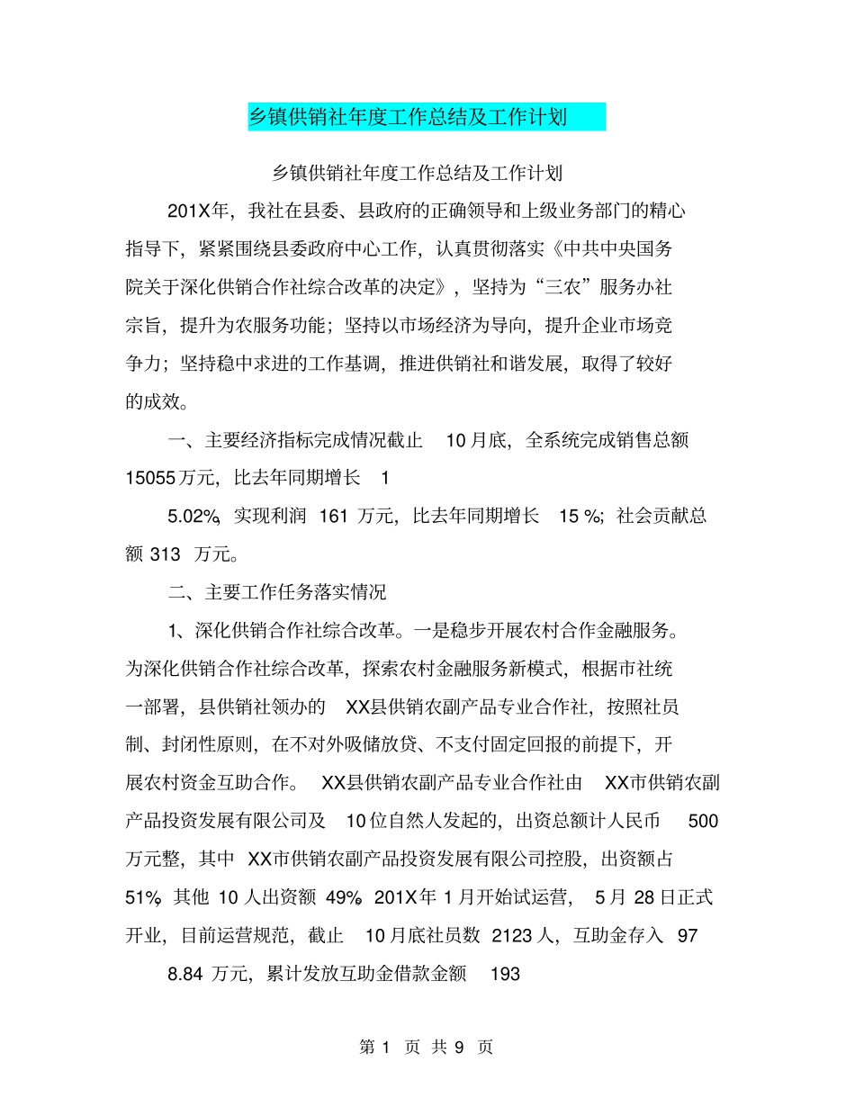 乡镇供销社年工作总结及工作计划【可编辑版】_第1页
