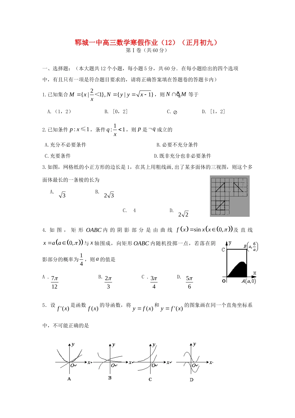 山东省郓城一中高三数学上学期寒假作业(12)新人教A版试卷_第1页