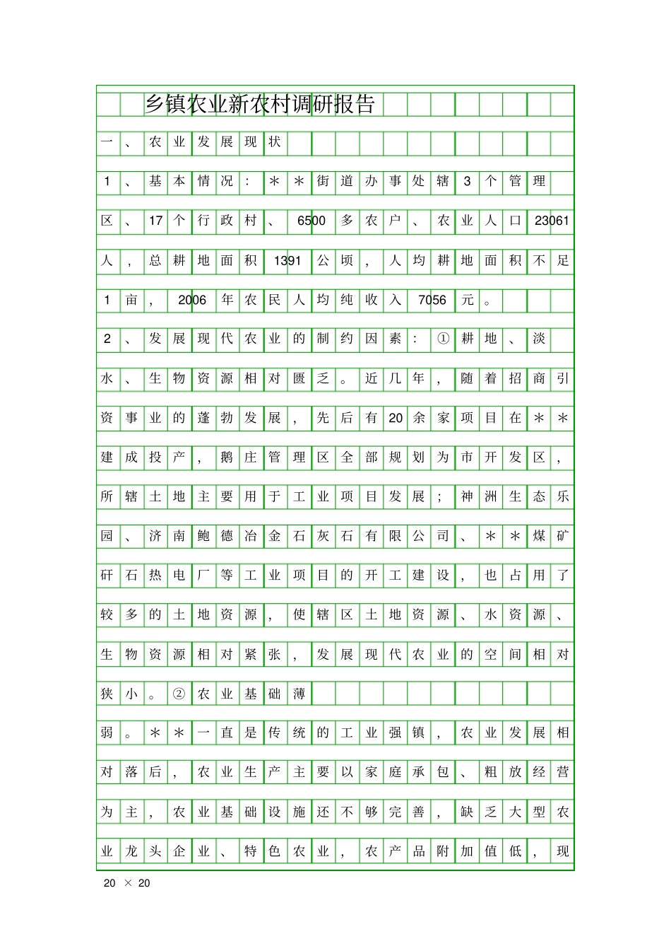 乡镇农业新农村调研报告精品工作报告_第1页