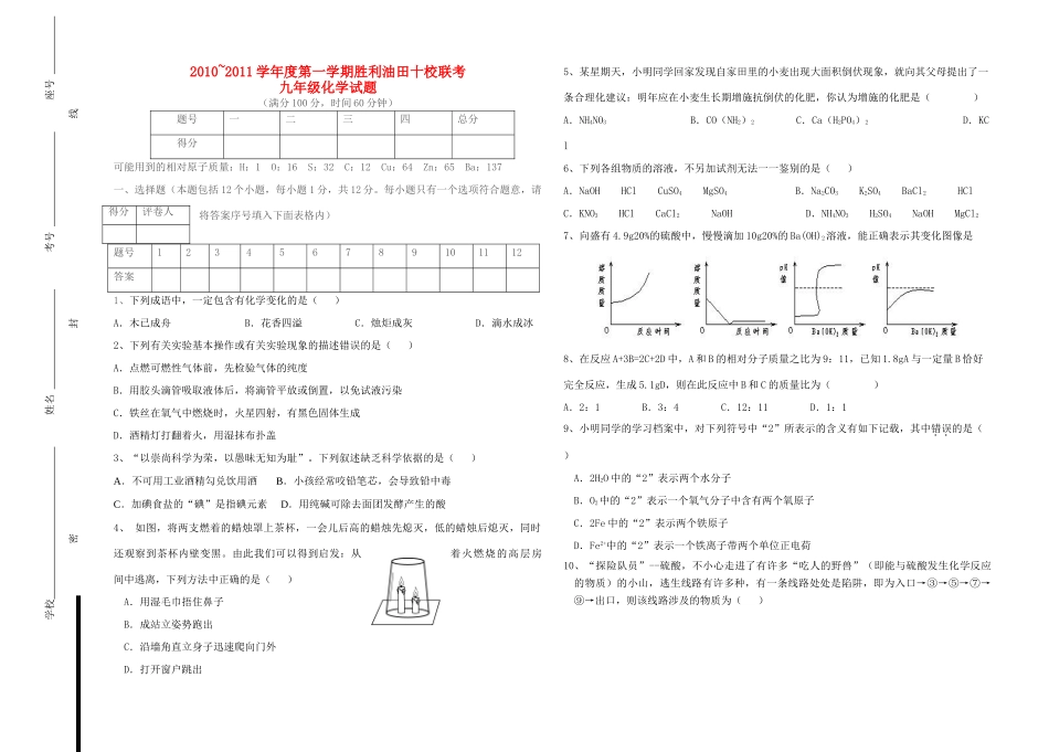 九年级化学第一学期十校联考试卷 人教版试卷_第1页