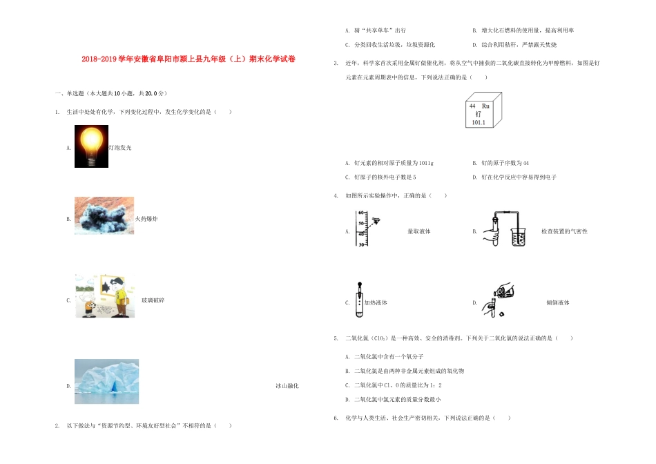 安徽省阜阳市颍上县九年级化学上学期期末试卷试卷_第1页