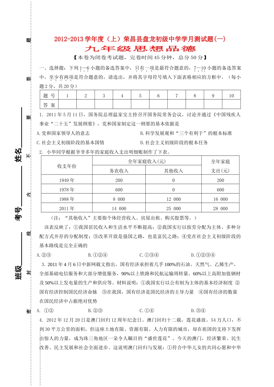 九年级政治上学期学月测试卷 粤教版试卷_第1页