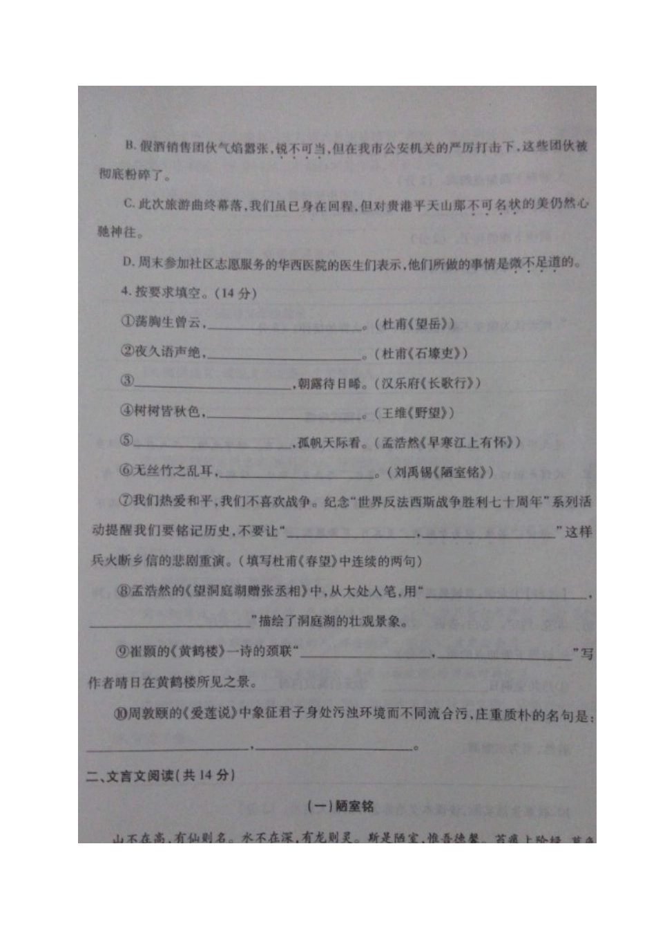 山东省聊城市阳谷县 八年级语文上学期期中试卷新人教版试卷_第2页