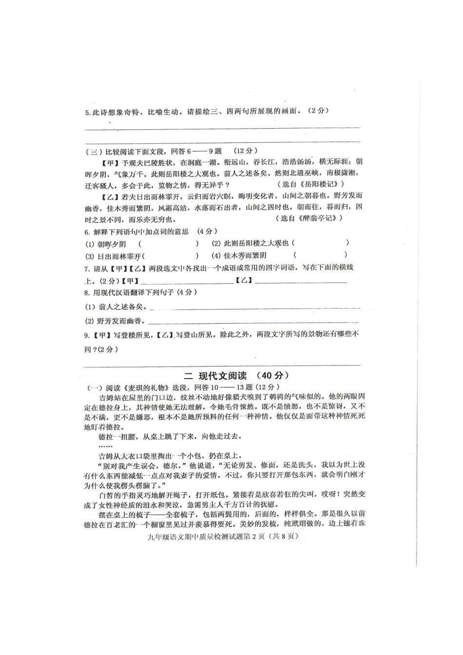 山东省单县九年级语文上学期期中试卷新人教版试卷_第2页