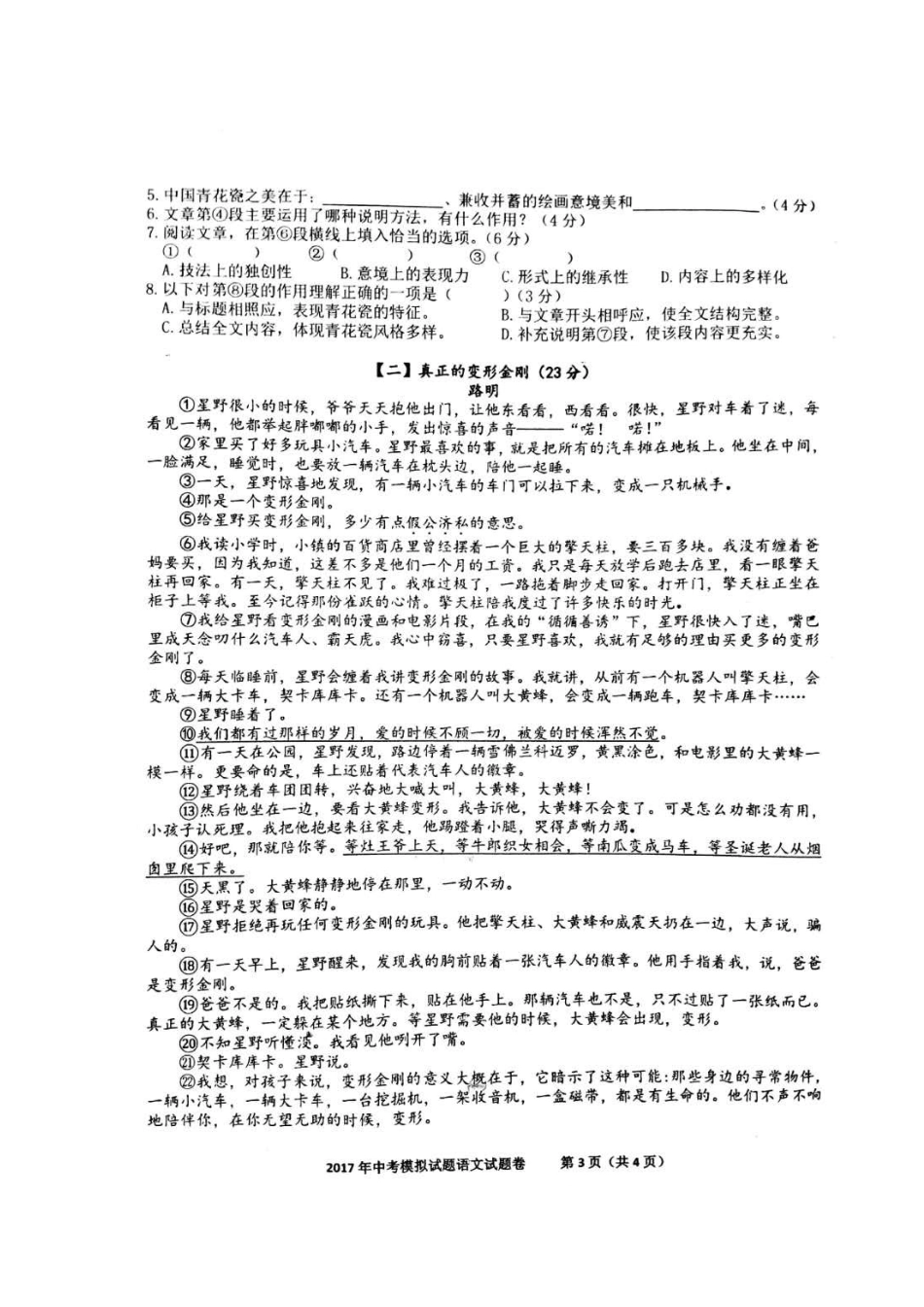 安徽省合肥市瑶海区中考语文三模试卷试卷_第3页