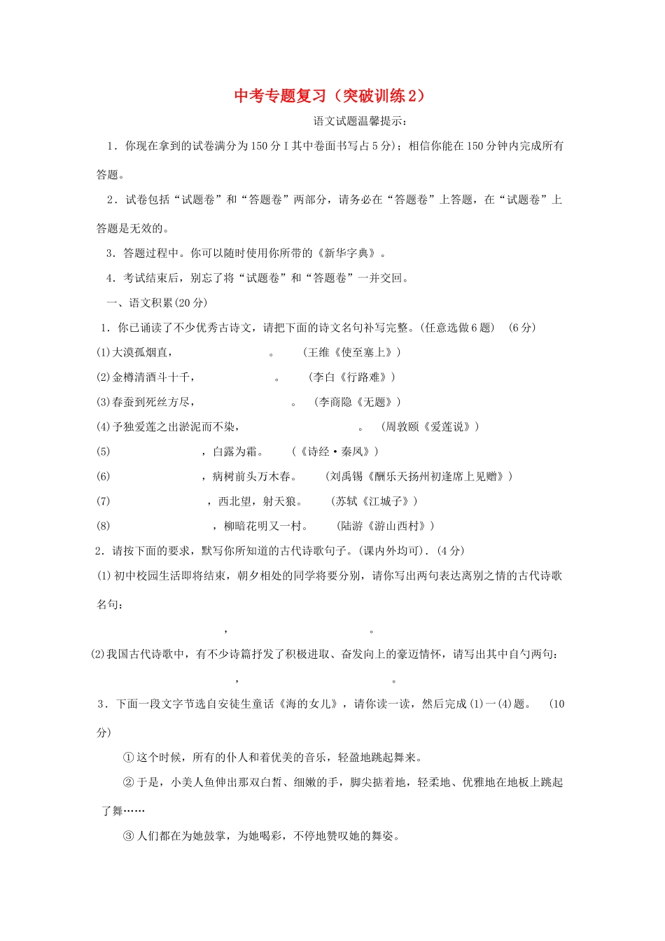 中考语文专题复习百套卷(突破训练3) 人教新课标版试卷_第1页