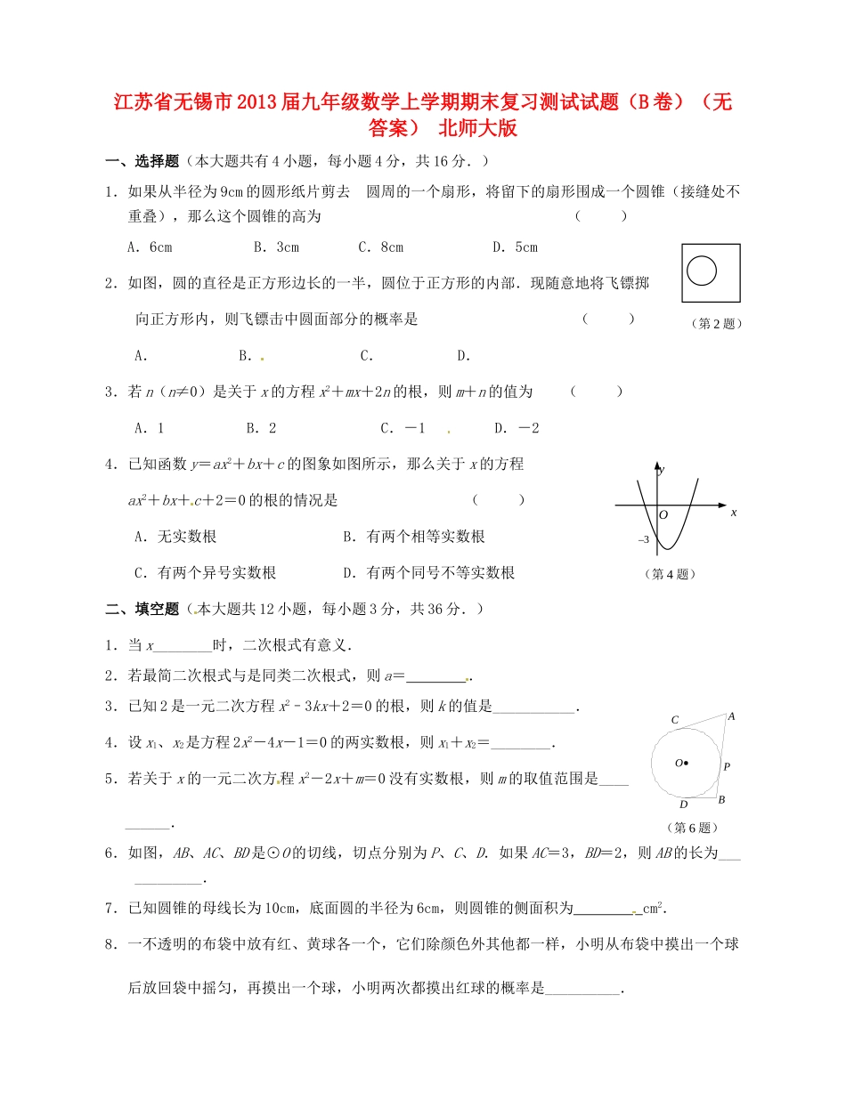 九年级数学上学期期末复习测试试卷(B卷) 北师大版试卷_第1页