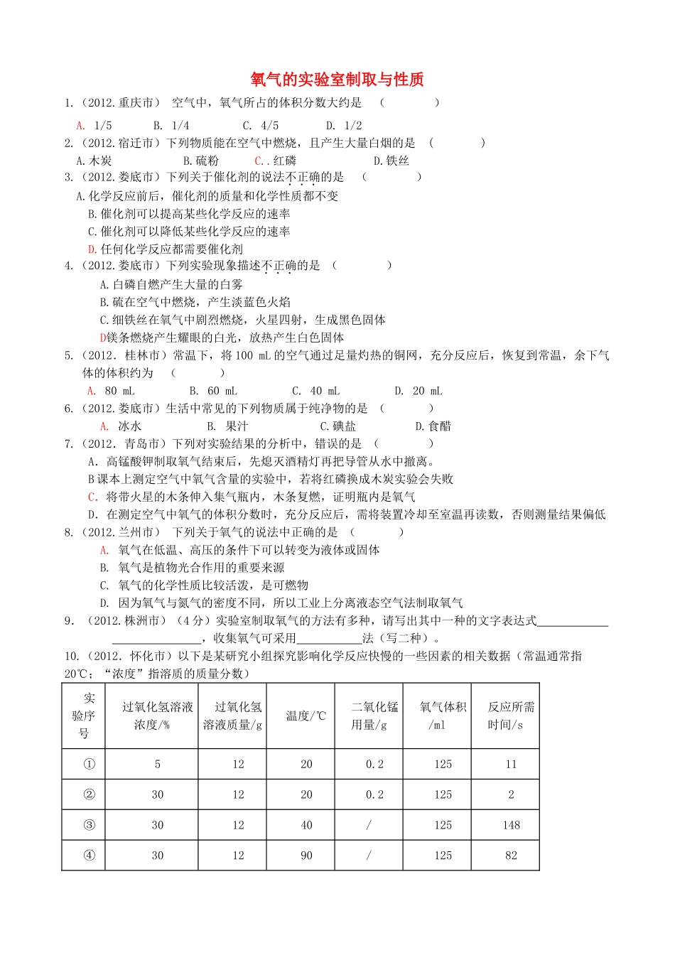 九年级化学上册 第4单元 我们周围的空气 到实验室去 氧气的实验室制取与性质习题(新版)鲁教版试卷_第1页