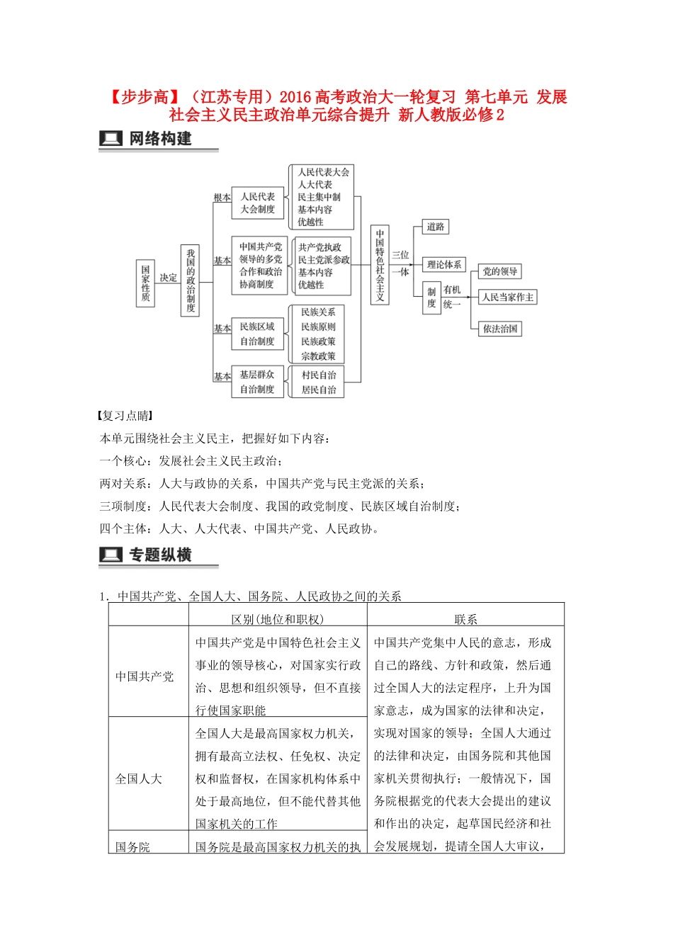 （江苏专用）高考政治大一轮复习 第七单元 发展社会主义民主政治单元综合提升 新人教版必修2-新人教版高三必修2政治试题_第1页