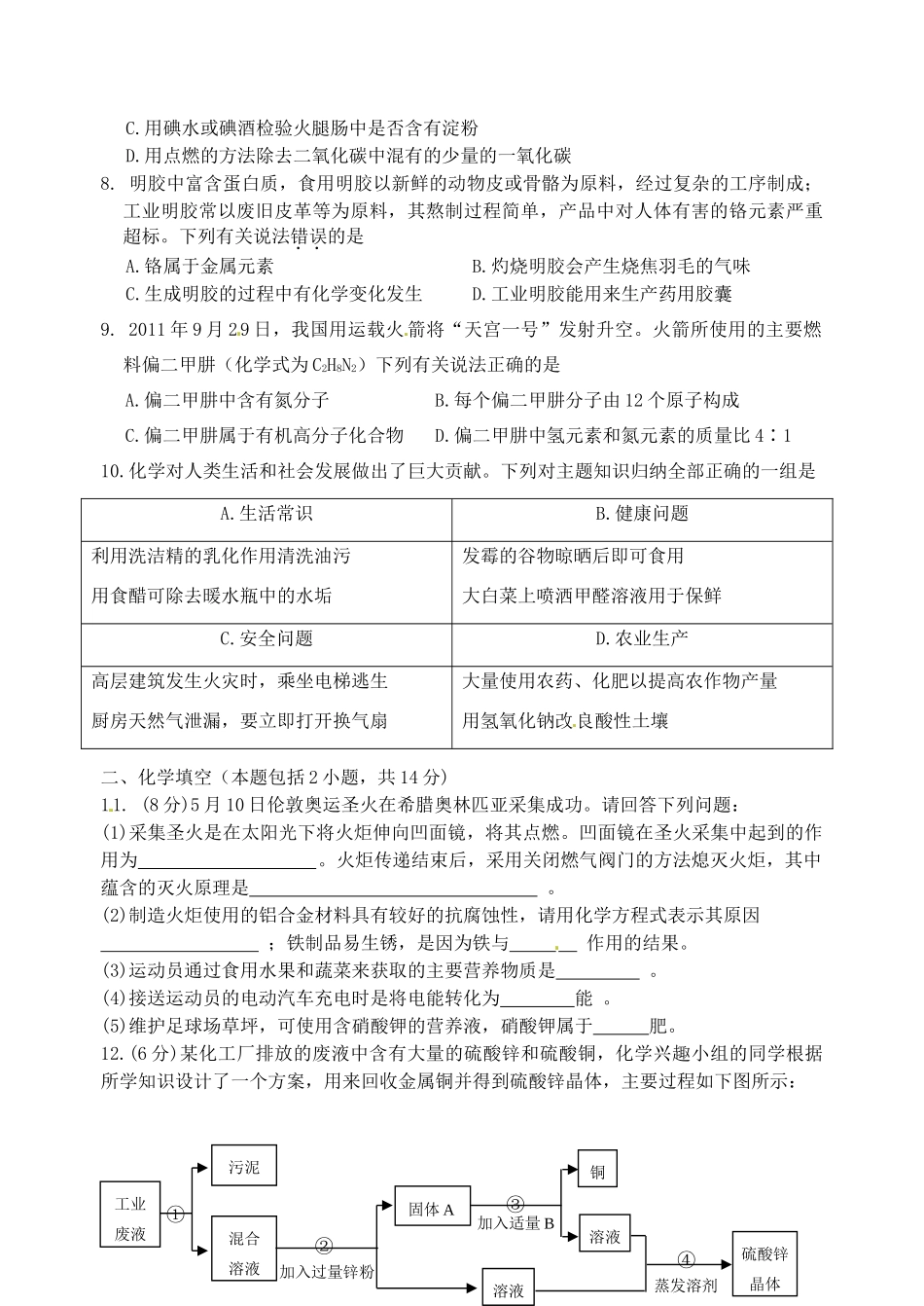 初中化学毕业升学模拟考试试题(八)(无答案) 试题_第2页
