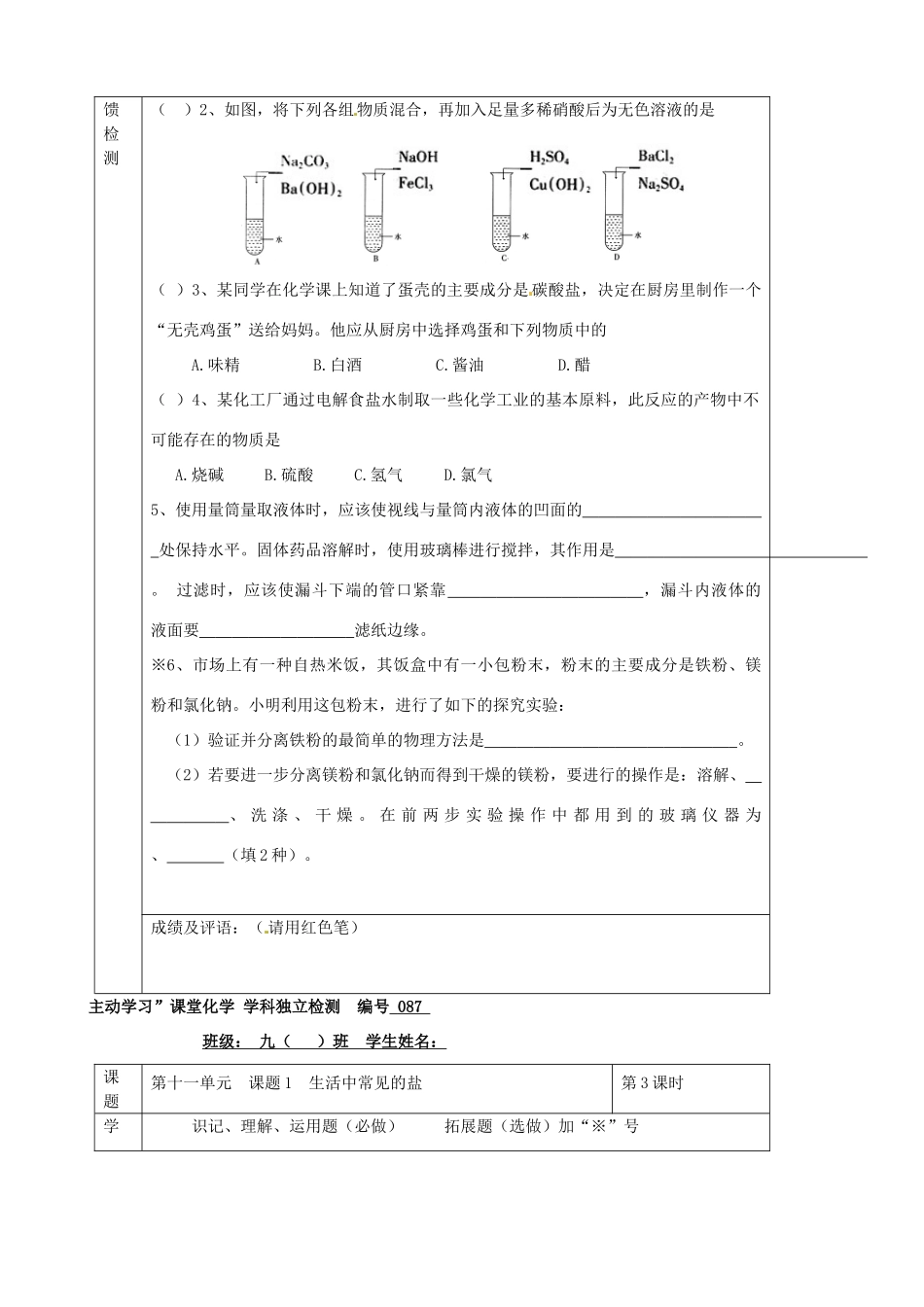 九年级化学下册 11第十一单元 课题1 生活中常见的盐独立检测 新人教版试卷_第2页