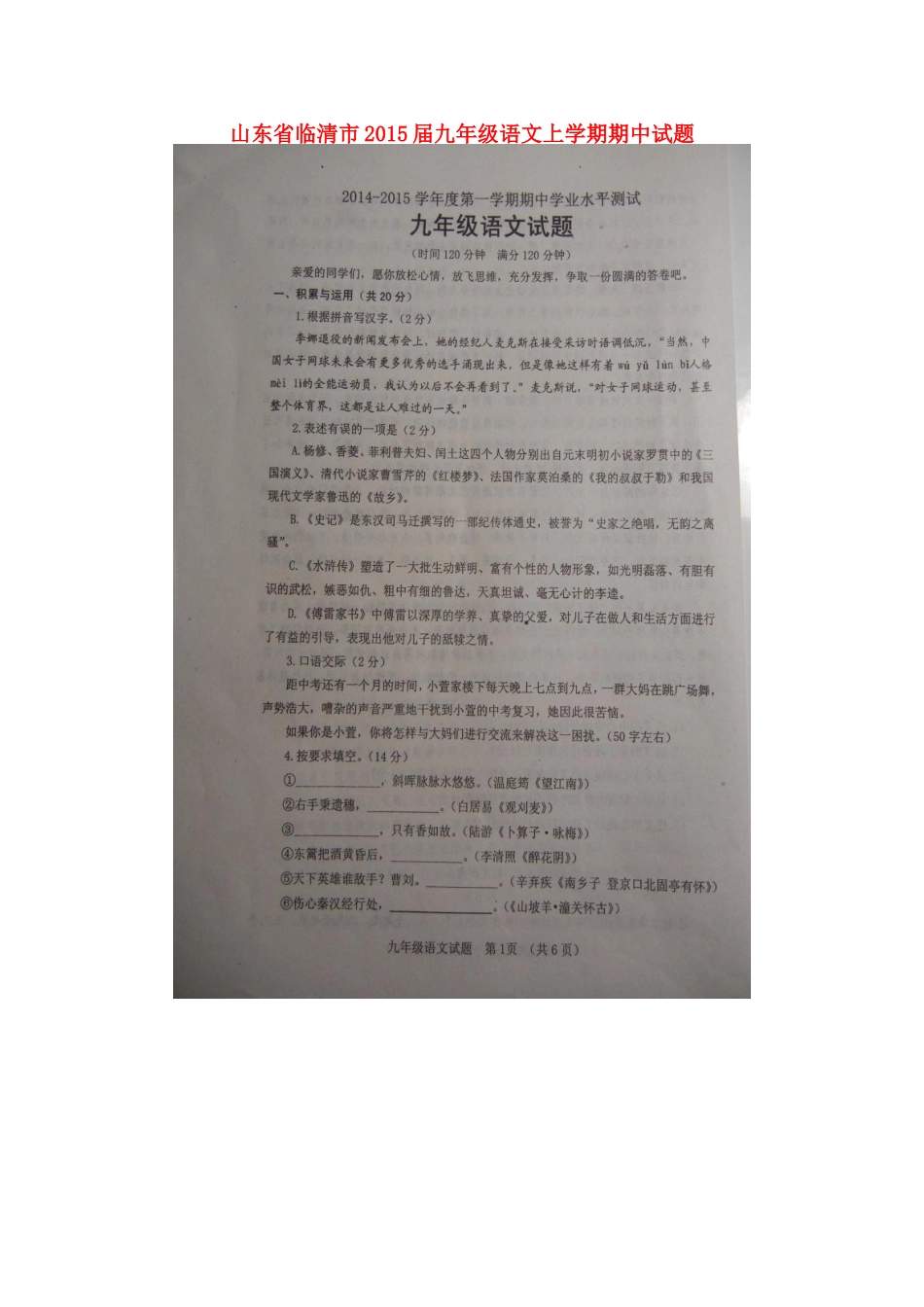 山东省临清市九年级语文上学期期中试卷新人教版试卷_第1页
