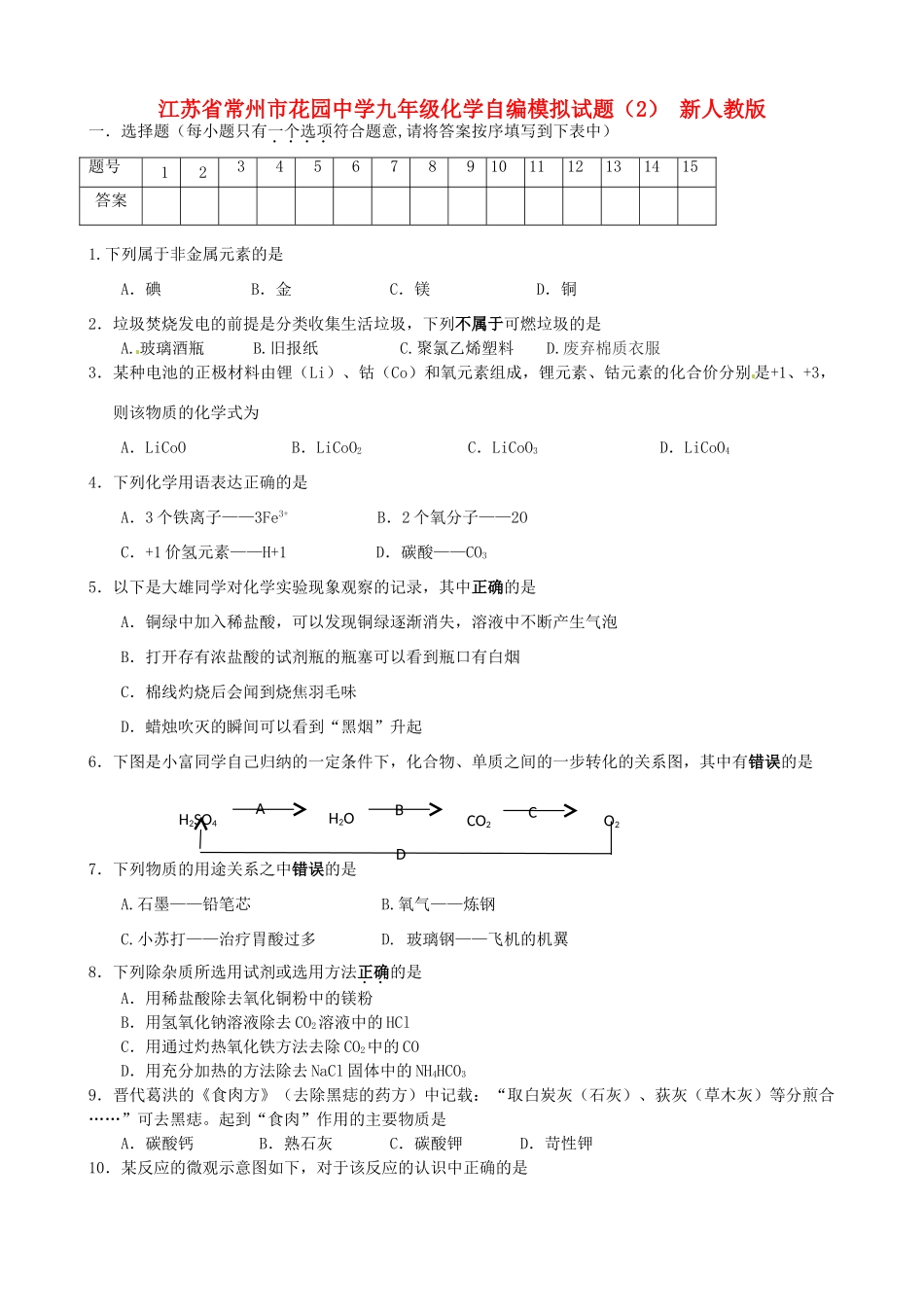 九年级化学自编模拟试卷(2) 新人教版试卷_第1页