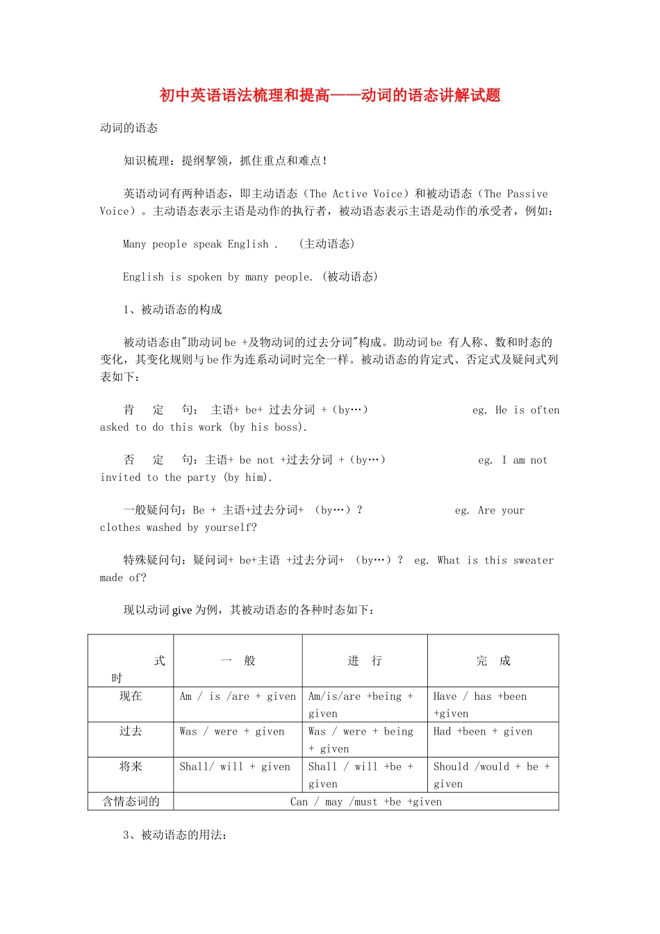 初中英语 语法梳理和提高 动词的语态讲解试题_第1页