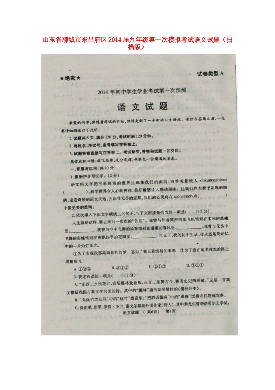山东省聊城市东昌府区九年级语文第一次模拟考试试卷试卷_第1页