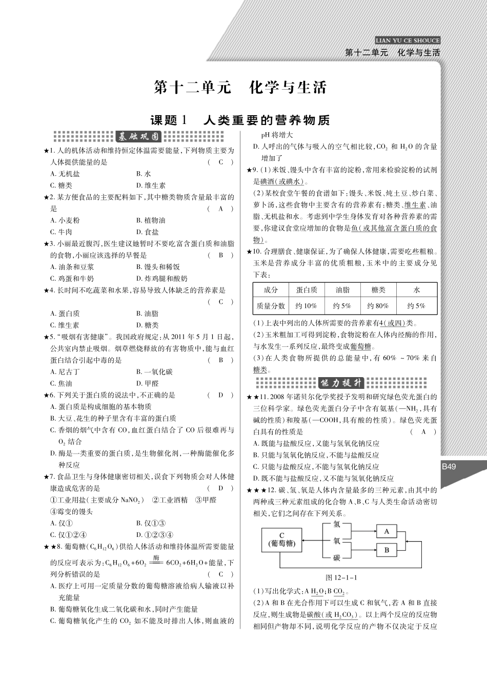 九年级化学下册 第12单元 化学与生活课时作业(pdf)(新版)新人教版试卷_第1页